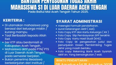 Baitul Mal Aceh Tengah Beri Bantuan Penyusunan Skripsi Untuk Mahasiswa di Luar Daerah, Cek Syaratnya